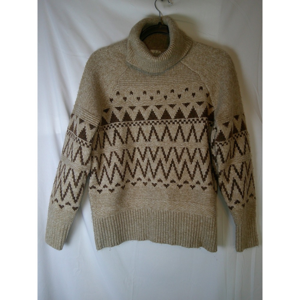 Wonderly Womens Small Tan Brown Fair Isle Turtleneck Raglan Knit Sweater